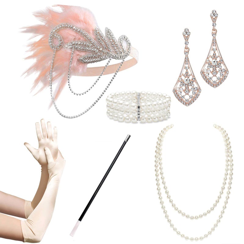 BABEYOND 1920s Flapper Accessories Gatsby Costume Accessories Set 20s Flapper Headband Pearl Necklace Gloves Plastic Holder - Image 1